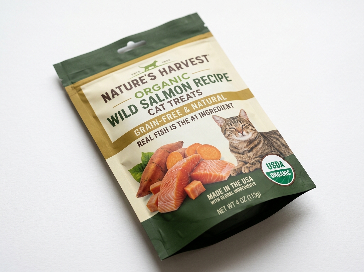 USDA Organic seal on a package of premium cat snacks - cat treats organic USDA Organic seal on a package of premium cat snacks - cat treats organic