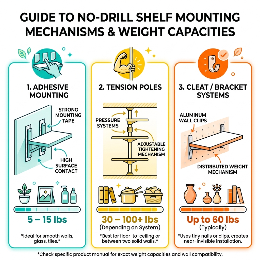 Infographic showing the 3 main types of no-drill shelf mounting mechanisms with weight capacities - drill free wall shelves Infographic showing the 3 main types of no-drill shelf mounting mechanisms with weight capacities - drill free wall shelves