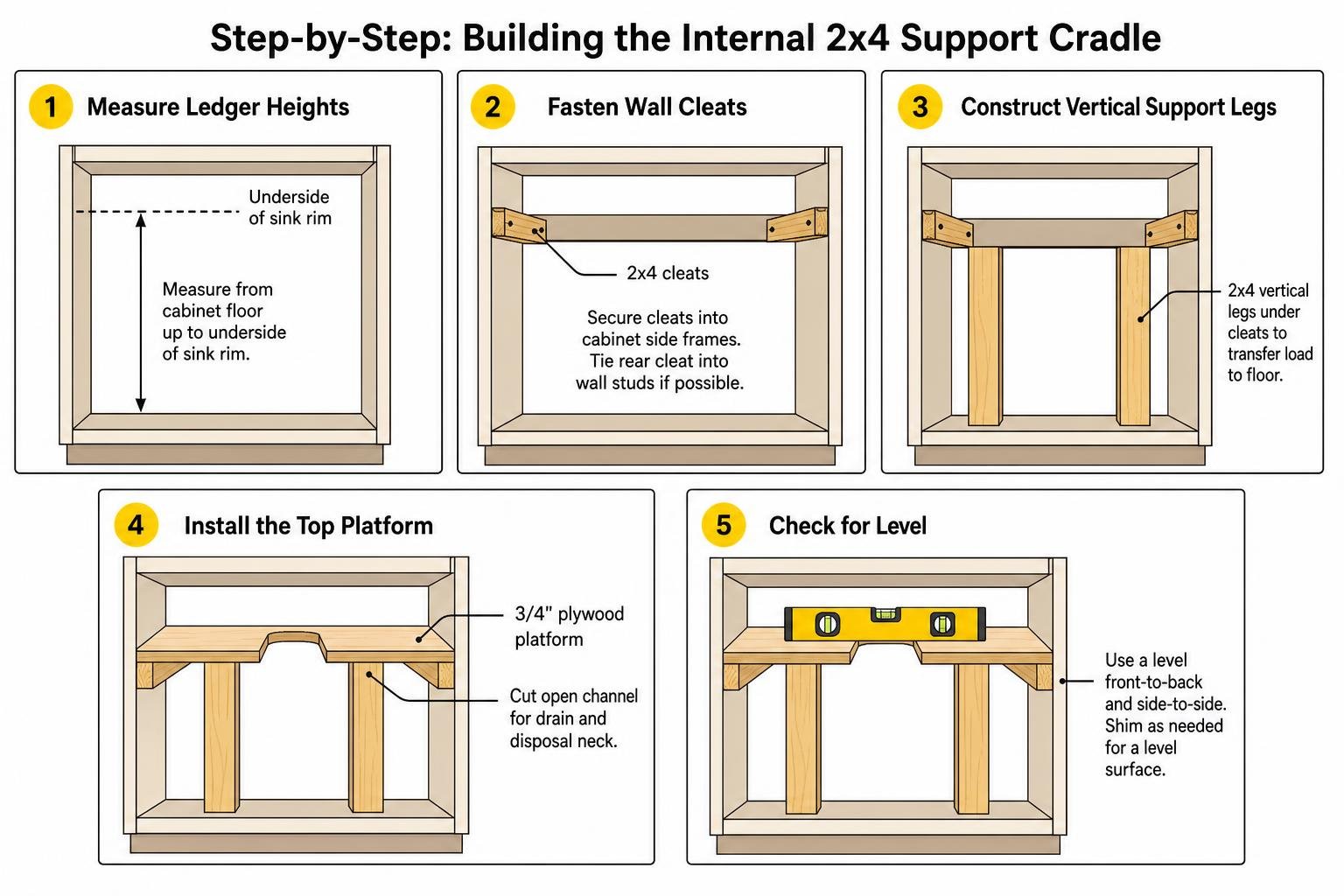 Step-by-step structural cradle construction inside a base cabinet Step-by-step structural cradle construction inside a base cabinet