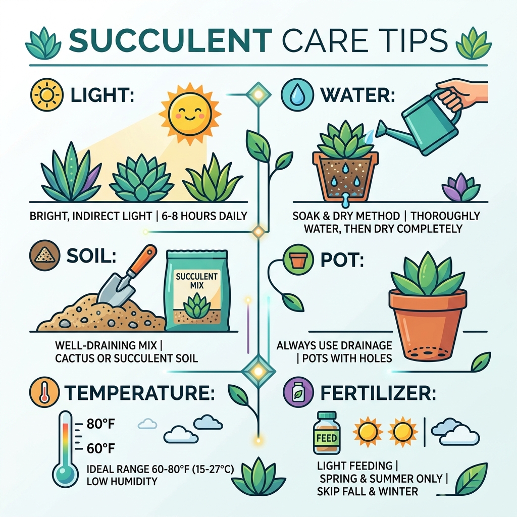 Succulent care tips infographic: light, water, soil, pot, temperature, and fertilizer basics - care tips for succulents Succulent care tips infographic: light, water, soil, pot, temperature, and fertilizer basics - care tips for succulents