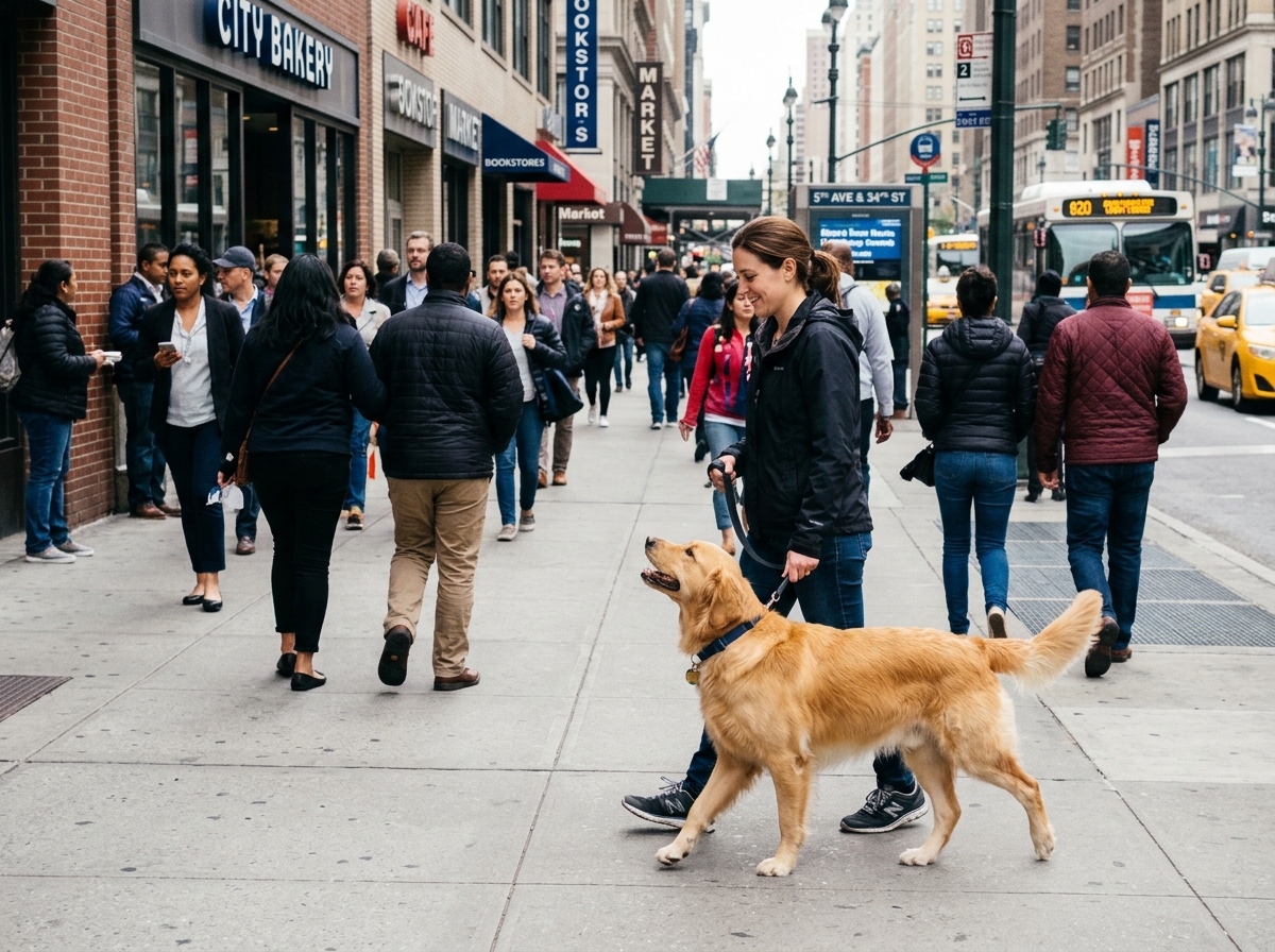A dog walking calmly and focused through a busy public crowd - dog group classes