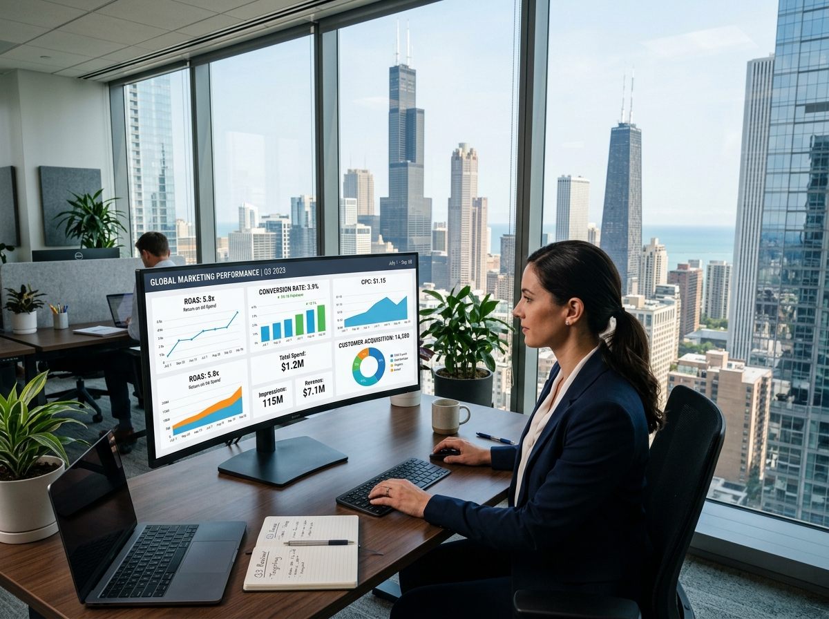 A digital marketing dashboard showing ROAS and conversion metrics for a Chicago business - best google ads chicago