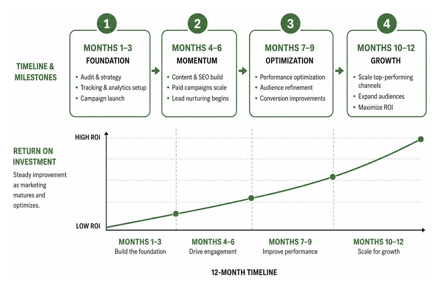 Timeline of digital marketing milestones and return on investment over twelve months Timeline of digital marketing milestones and return on investment over twelve months