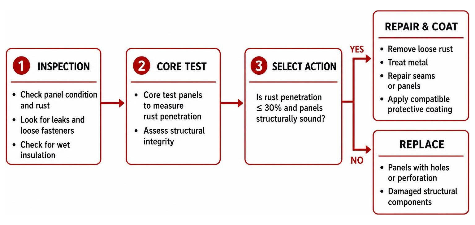 Commercial metal roof repair decision flow: inspection, core test, and selection Commercial metal roof repair decision flow: inspection, core test, and selection
