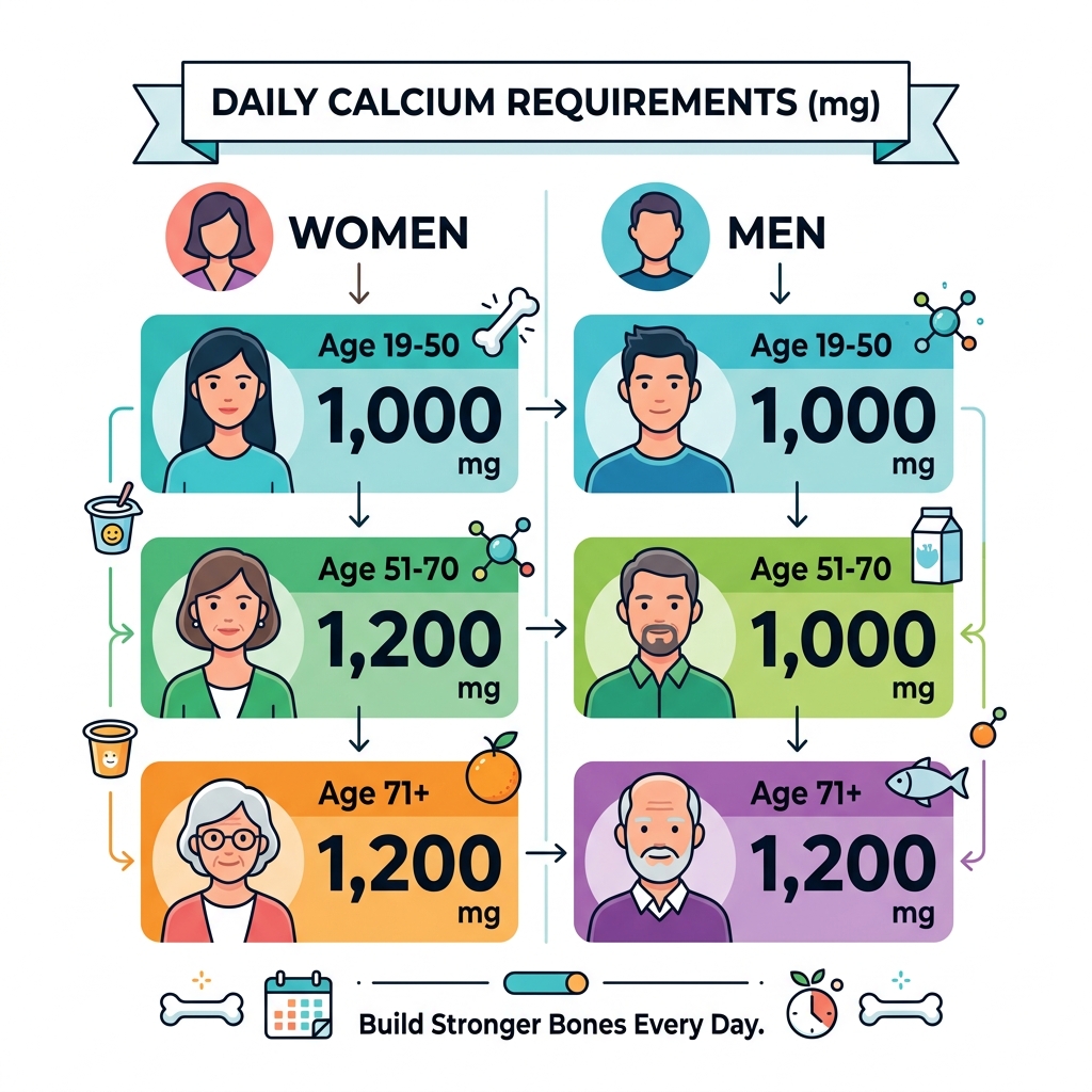 Daily calcium requirements for men and women by age group infographic - bone health snack options infographic 