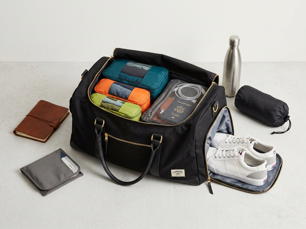 organized travel gear with a duffel bag, packing cubes, and a pair of sneakers ready to be tucked into the side compartment