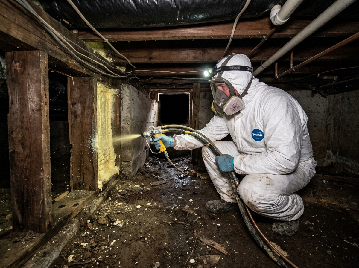Technician applying spray foam to a tight crawl space area - foam insulation cost in old house Technician applying spray foam to a tight crawl space area - foam insulation cost in old house