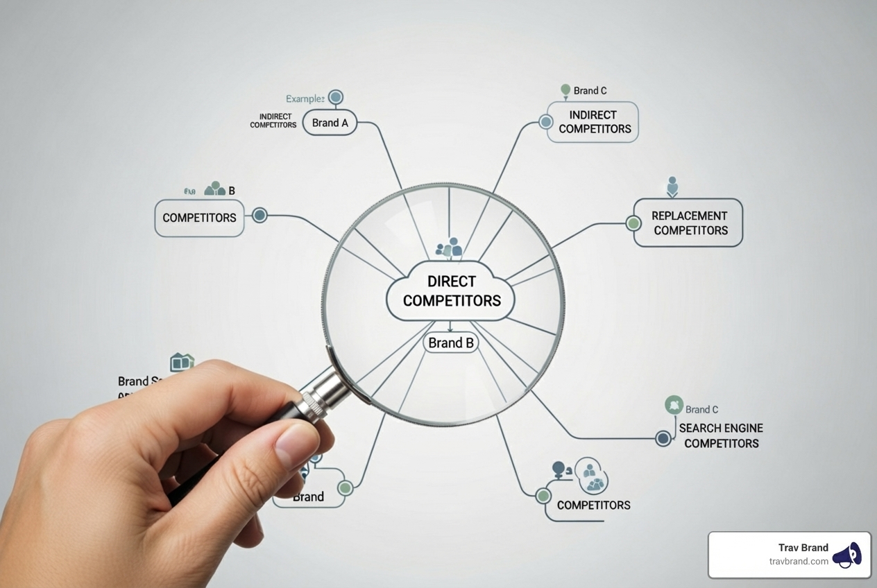 magnifying glass over a mind map of competitor types - content marketing competitive analysis magnifying glass over a mind map of competitor types - content marketing competitive analysis