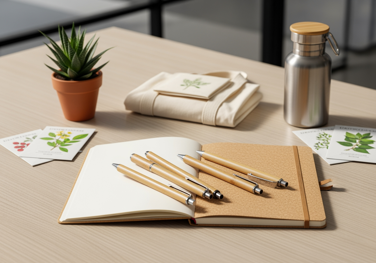 Sustainable swag like bamboo pens and a cork notebook, emphasizing eco-friendly options. - New employee gifts