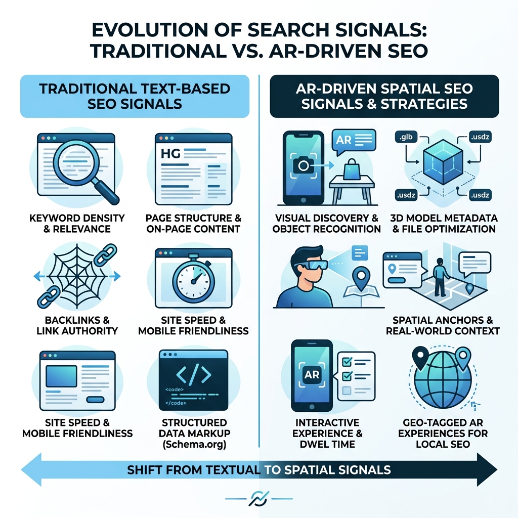 Infographic comparing traditional text-based SEO signals vs. AR-driven spatial SEO signals and strategies - seo strategies