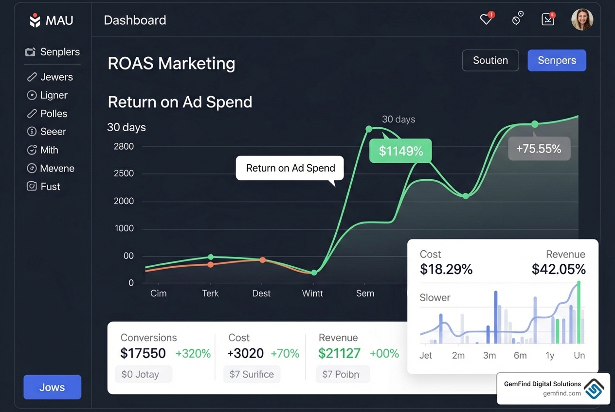 Dashboard showing a significant ROAS improvement (e.g., from 3x to 7x) for a jewelry campaign over a 30-day period, with key metrics like conversions, cost, and revenue highlighted - jewelry store google ads