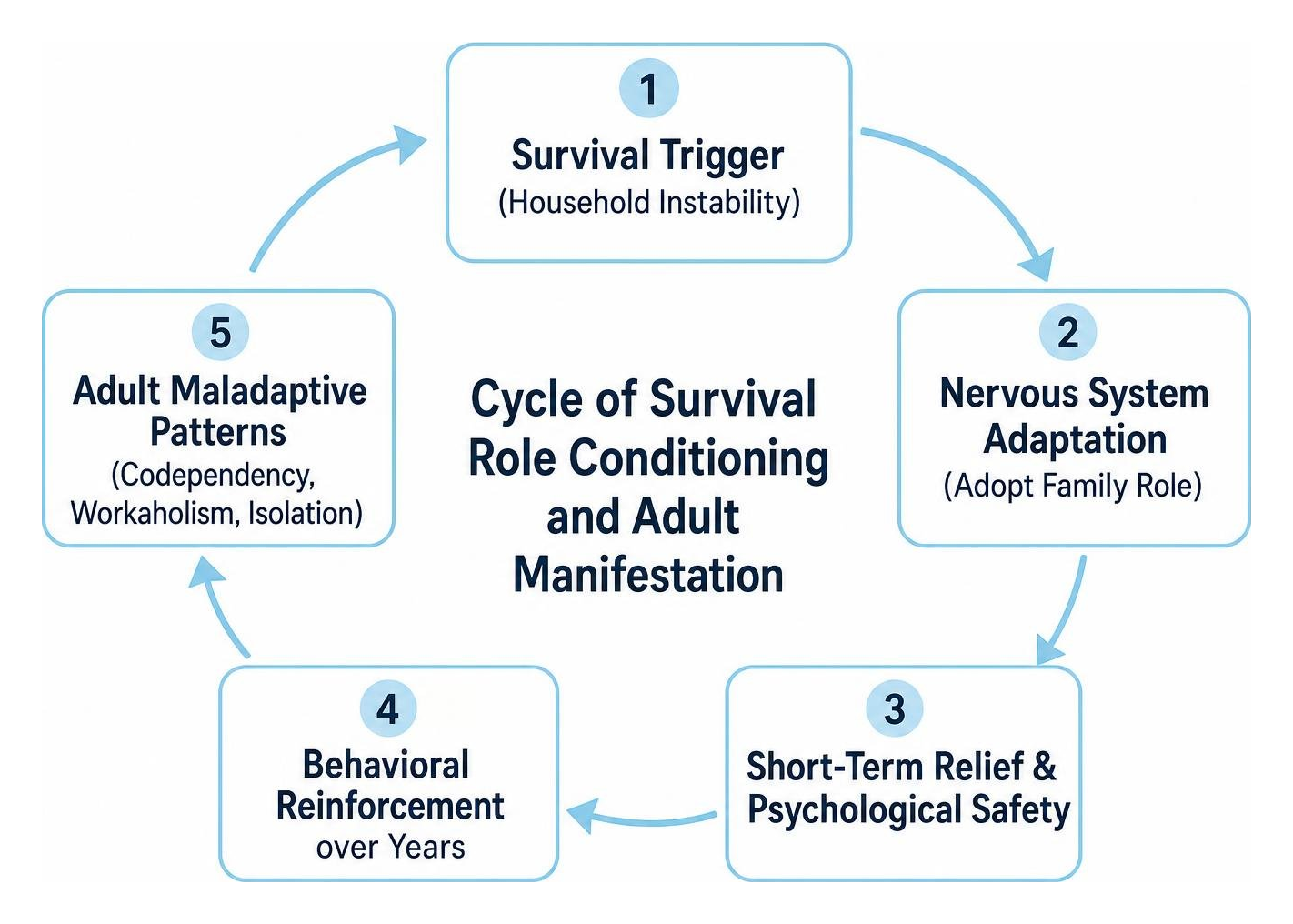 Cycle of survival role conditioning and adult manifestation