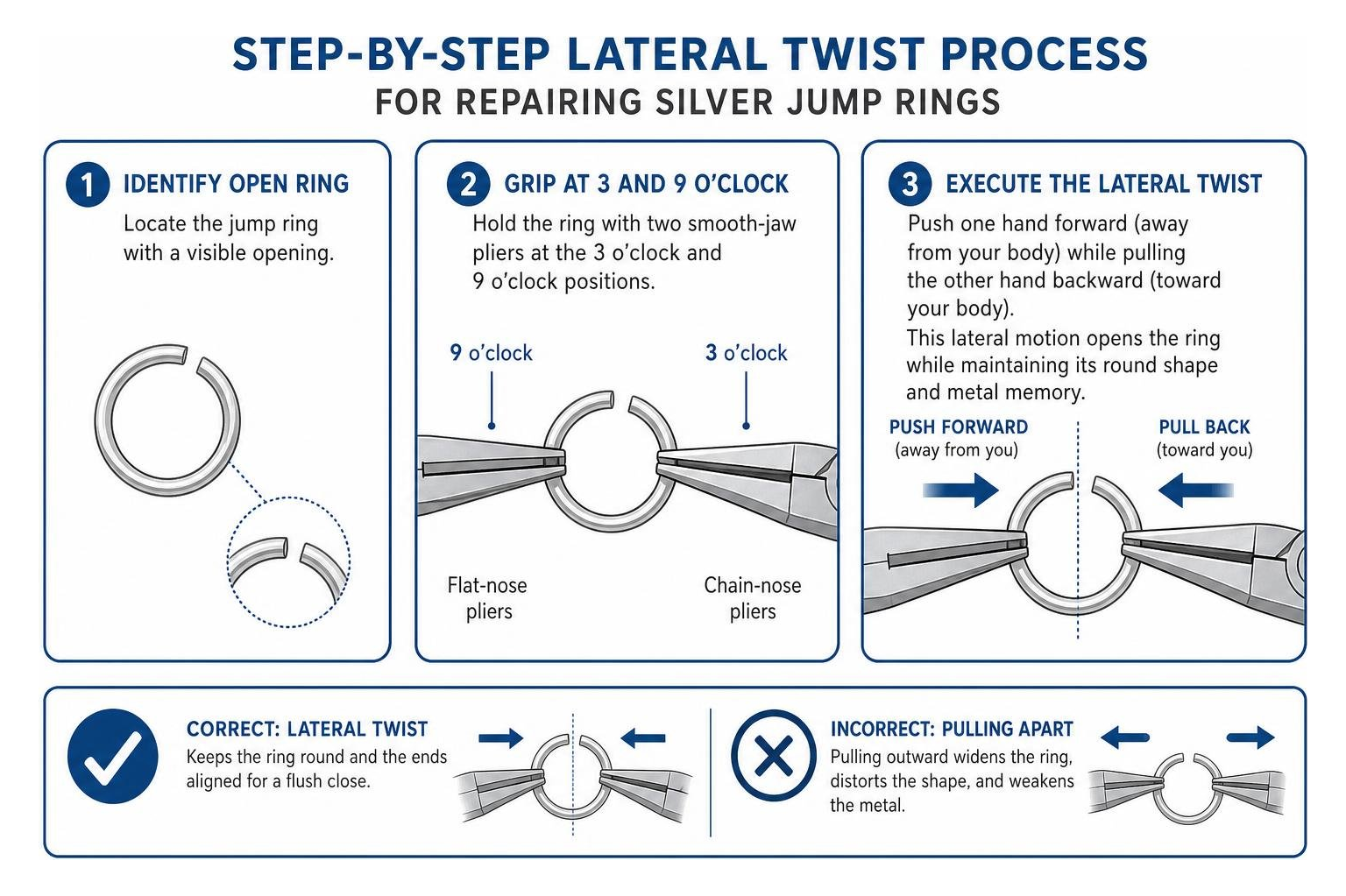 Step-by-step lateral twist process for repairing silver jump rings