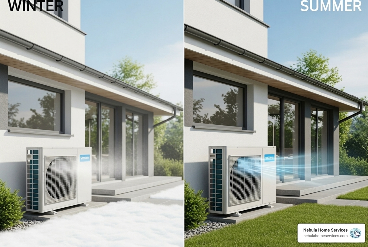 Infographic showing the heat pump cycle with four labeled sections: outdoor unit extracting heat in winter, refrigerant transferring heat indoors, indoor unit releasing warm air in heating mode, and the process reversing in summer for cooling - home heat pumps installations in lakeland, fl Infographic showing the heat pump cycle with four labeled sections: outdoor unit extracting heat in winter, refrigerant transferring heat indoors, indoor unit releasing warm air in heating mode, and the process reversing in summer for cooling - home heat pumps installations in lakeland, fl