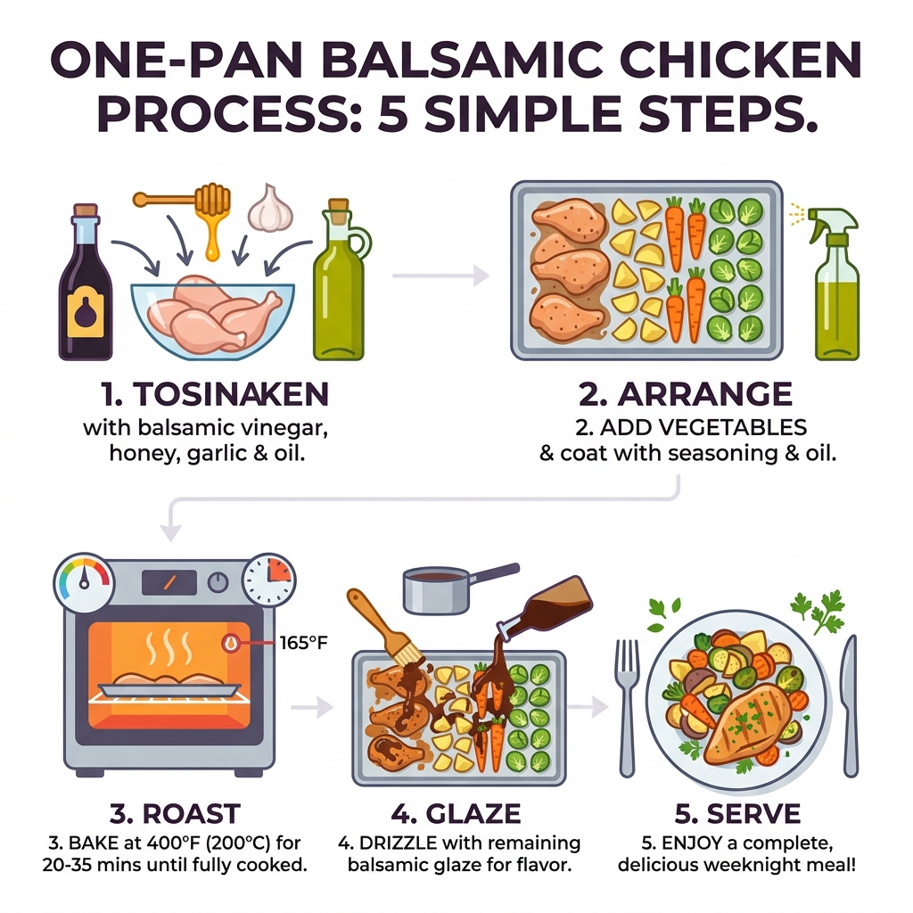 One-pan balsamic chicken process: marinate, arrange, roast, glaze, serve - balsamic chicken sheet pan recipe infographic 