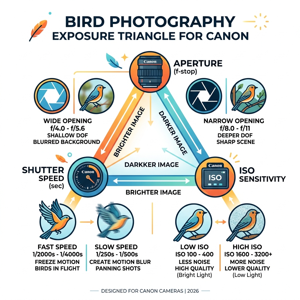 Bird photography exposure triangle infographic: shutter speed, aperture, and ISO explained for Canon cameras - bird