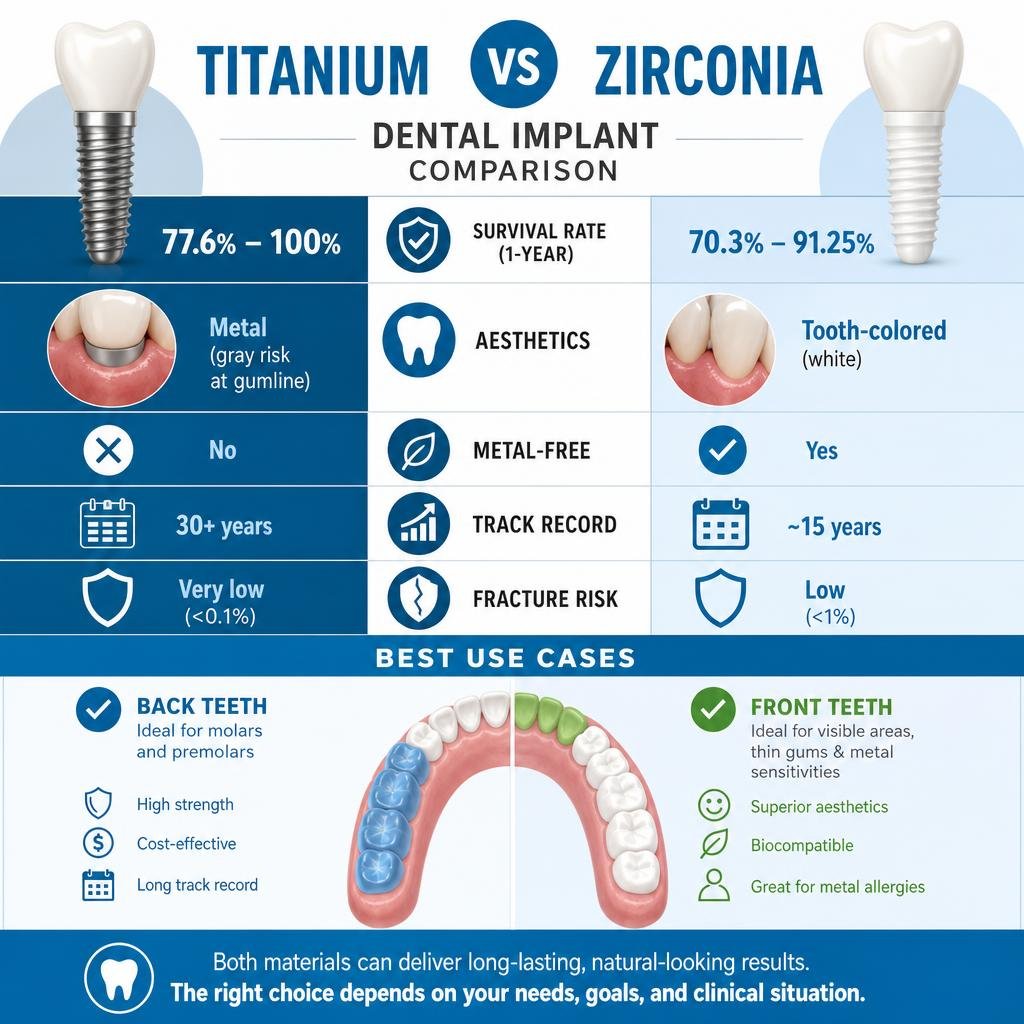 Titanium vs Zirconia dental implant comparison infographic showing survival rates, aesthetics, and best use cases infographic
