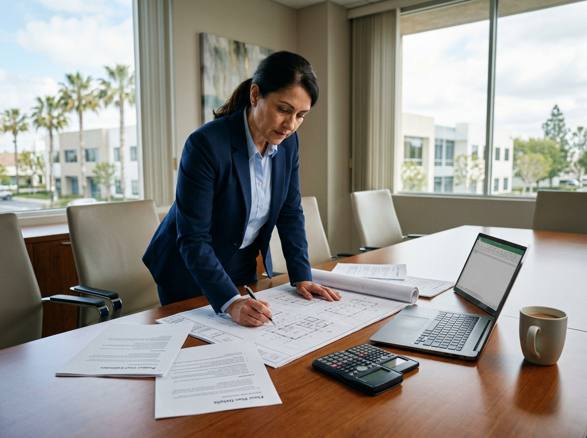 Loan officer reviewing architectural blueprints and cost estimates