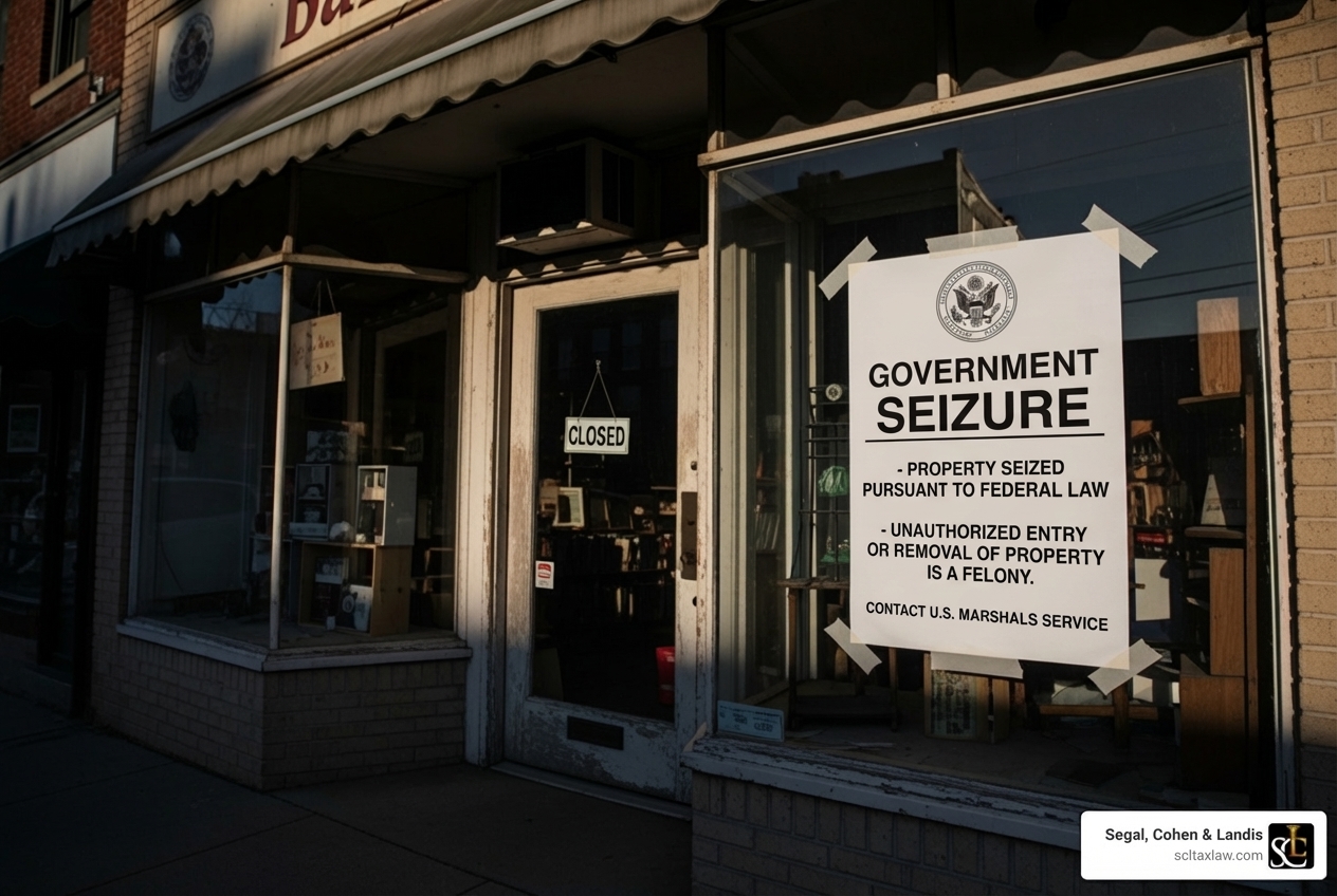 closed business with a government seizure notice on the door - payroll tax attorney near me