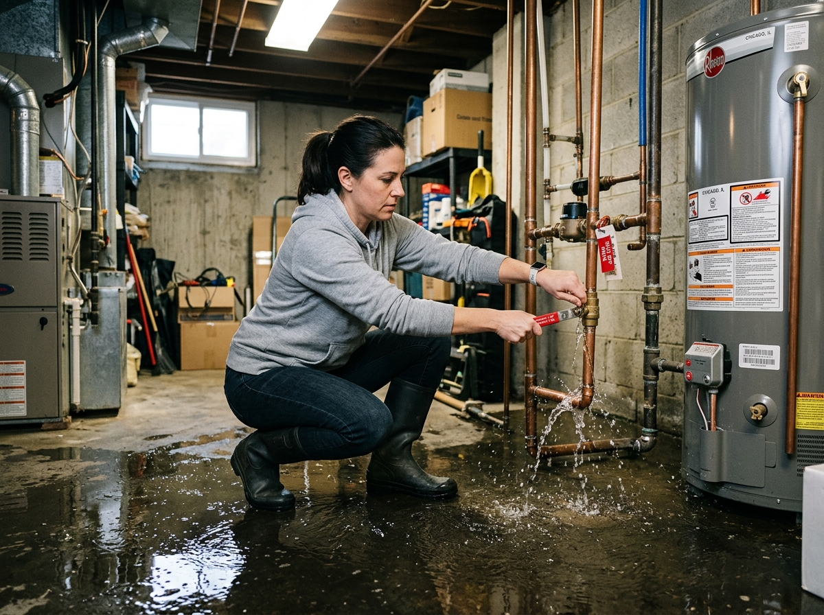 Homeowner turning off a main water shut-off valve to stop a leak - claiming home insurance for water leak
