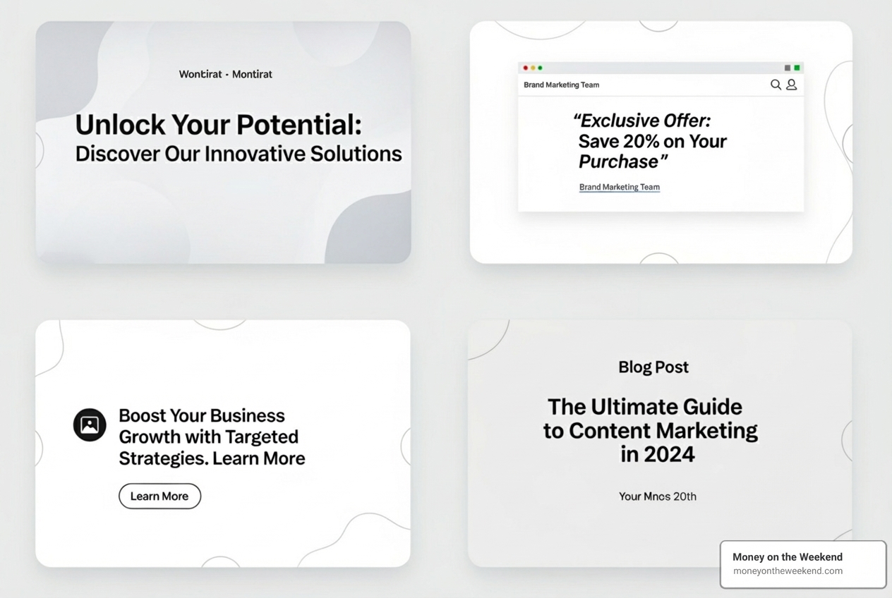 A collage showing different types of copy, including website headlines, email subject lines, social media ad text, and blog post titles. - freelance copywriting services A collage showing different types of copy, including website headlines, email subject lines, social media ad text, and blog post titles. - freelance copywriting services