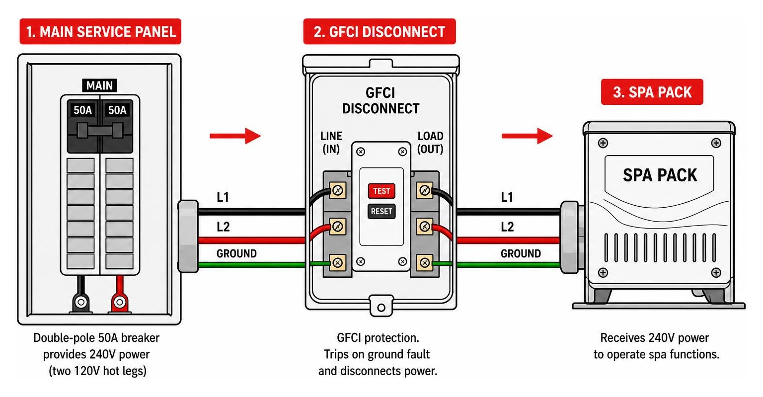 Power path from main service panel through GFCI disconnect to spa pack Power path from main service panel through GFCI disconnect to spa pack