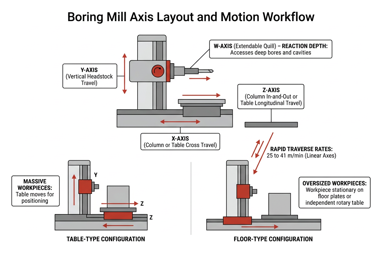 Boring mill axis layout and motion workflow