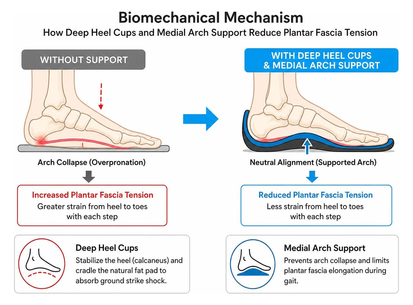 Biomechanical mechanism showing how deep heel cups and medial arch support reduce plantar fascia tension
