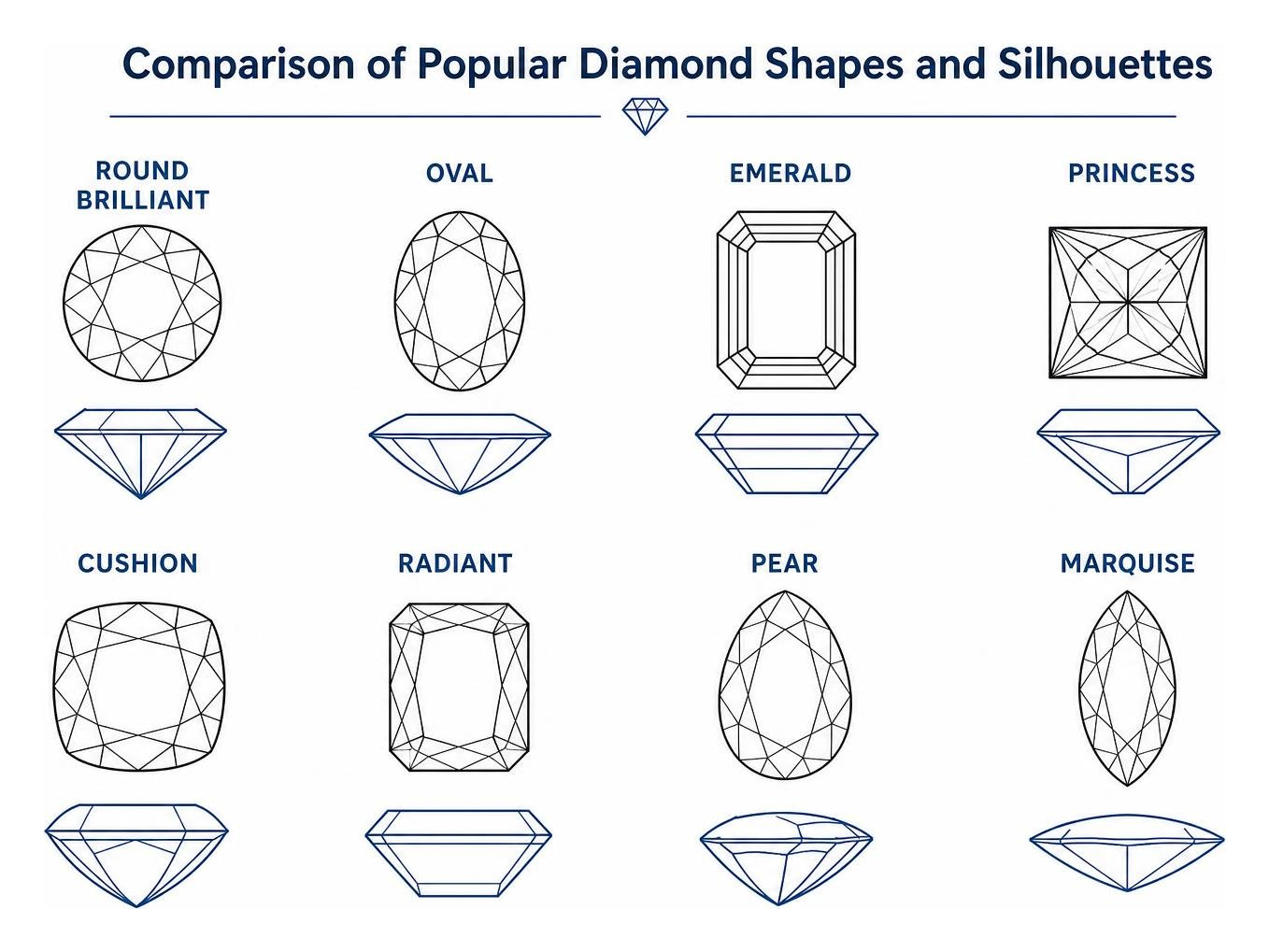 Comparison of popular diamond shapes and silhouettes
