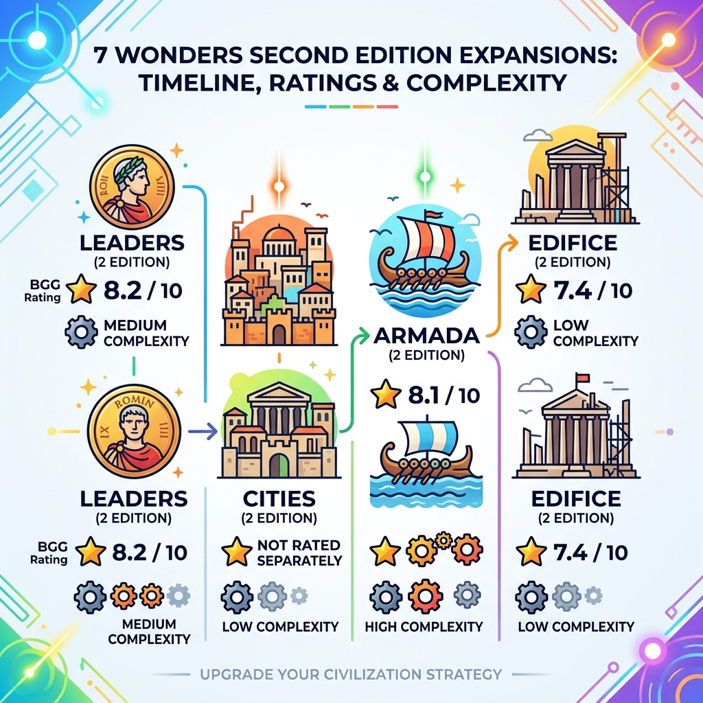 Timeline infographic of 7 Wonders Second Edition expansions with ratings and complexity scores - 7 wonders best expansion Timeline infographic of 7 Wonders Second Edition expansions with ratings and complexity scores - 7 wonders best expansion