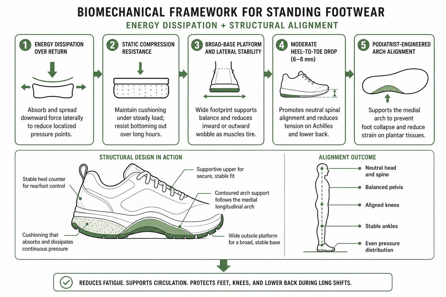 Biomechanical framework for standing footwear showing energy dissipation and structural alignment Biomechanical framework for standing footwear showing energy dissipation and structural alignment