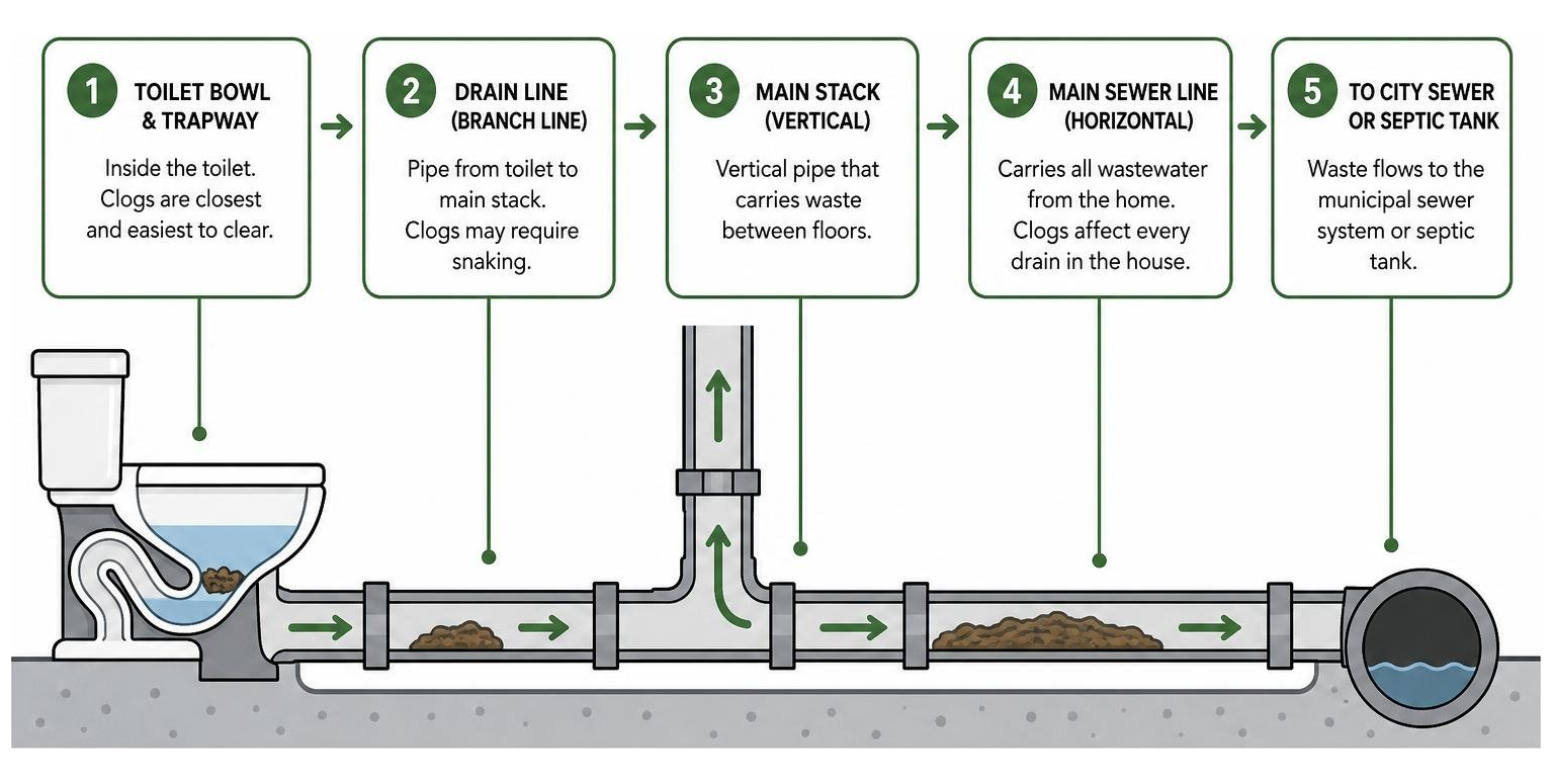 diagram of the path of a toilet clog from bowl to main sewer line diagram of the path of a toilet clog from bowl to main sewer line