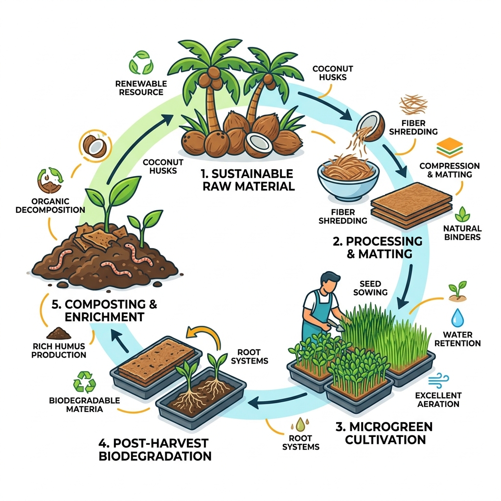 Lifecycle of a coco grow pad from coconut husk to compost with key features labeled - coco grow pads infographic Lifecycle of a coco grow pad from coconut husk to compost with key features labeled - coco grow pads infographic