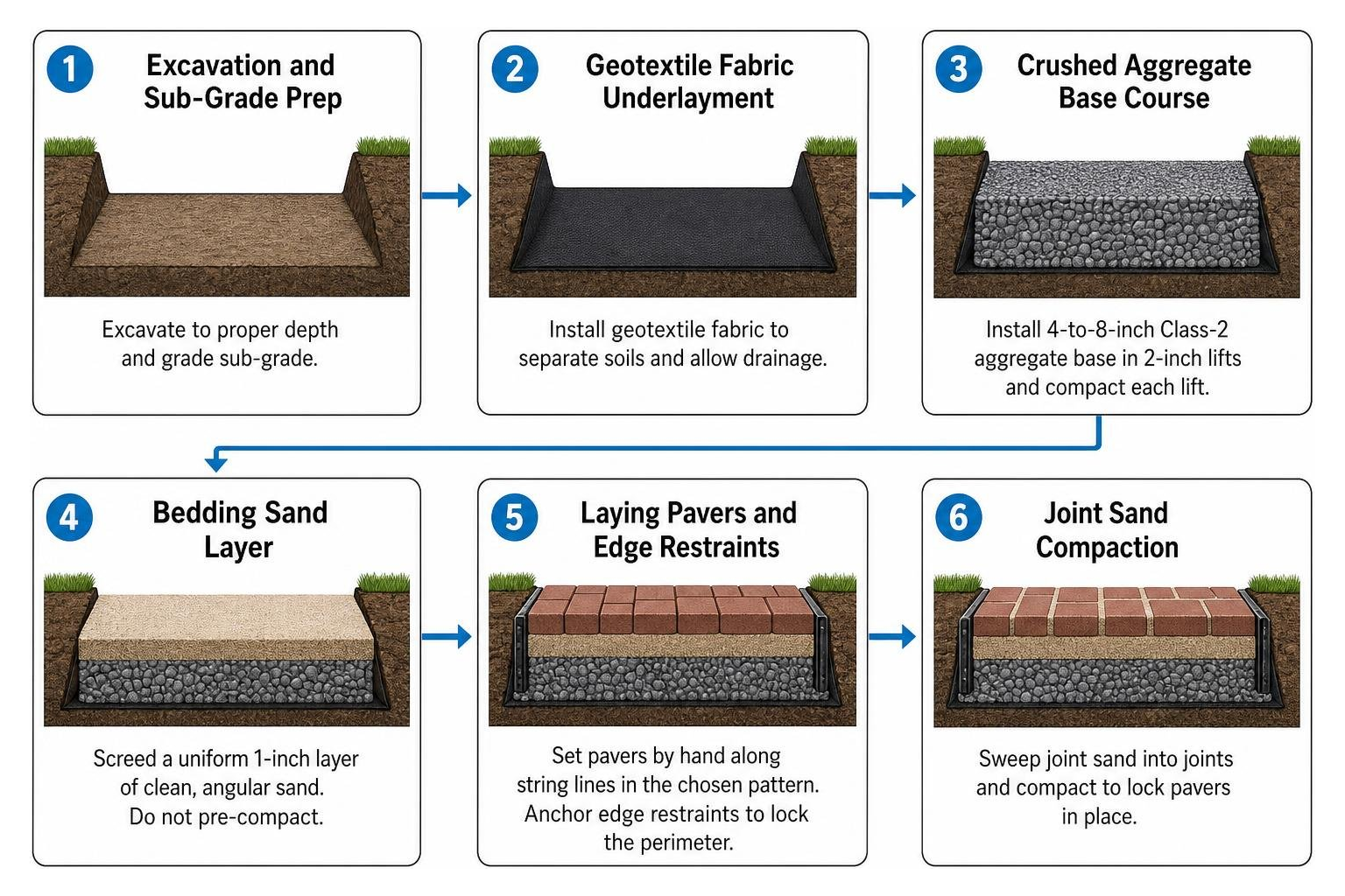 Step-by-step paver installation sequence from excavation to final joint sand compaction Step-by-step paver installation sequence from excavation to final joint sand compaction