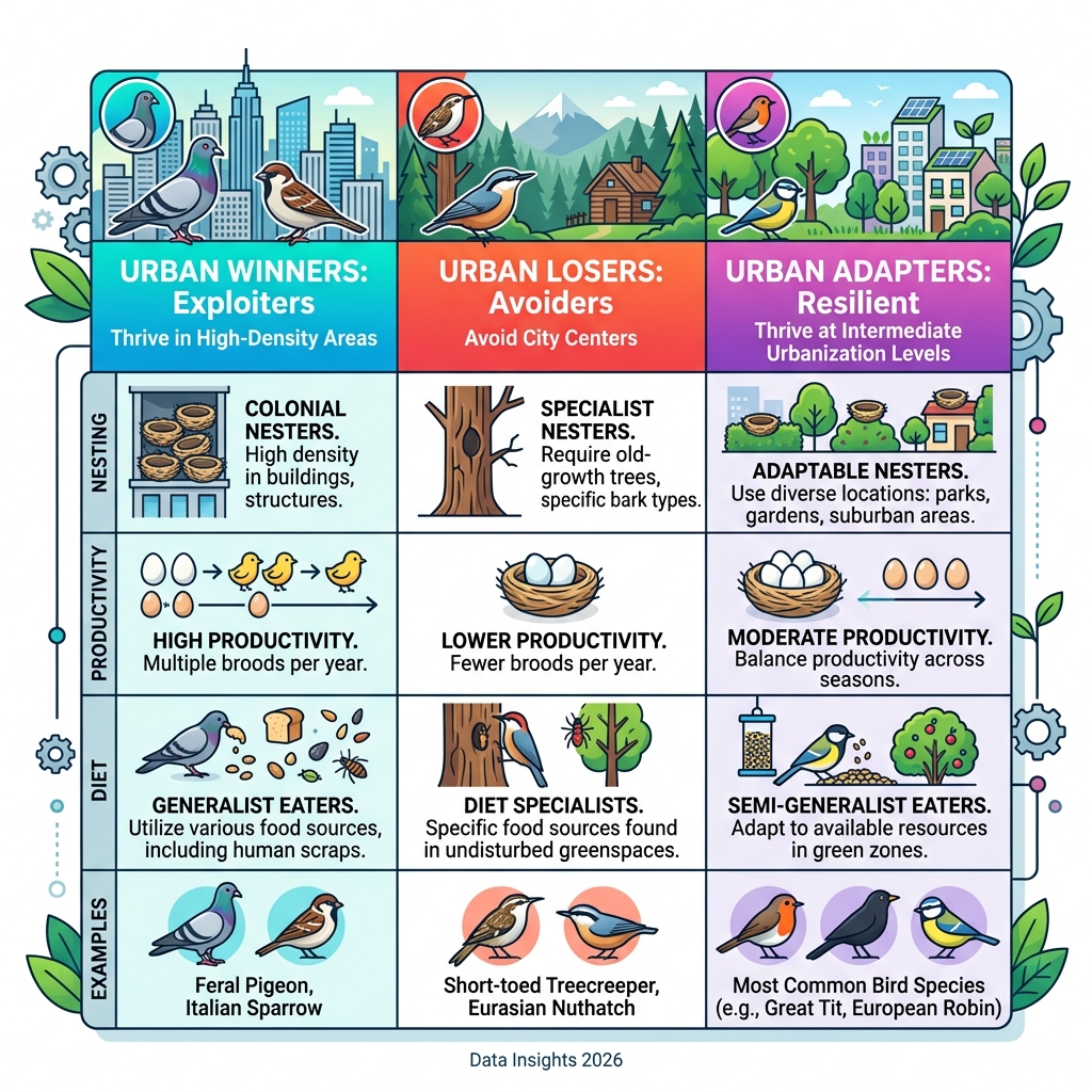 Table comparing traits of urban winners, losers, and adapters - levels editing urban birds infographic 