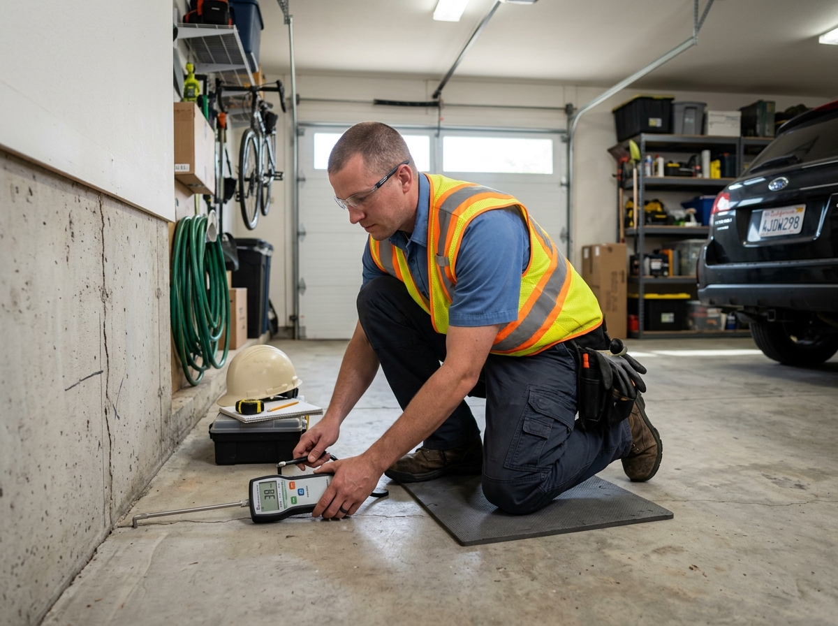 Technician measuring a foundation gap with specialized tools - garage foundation repair Technician measuring a foundation gap with specialized tools - garage foundation repair