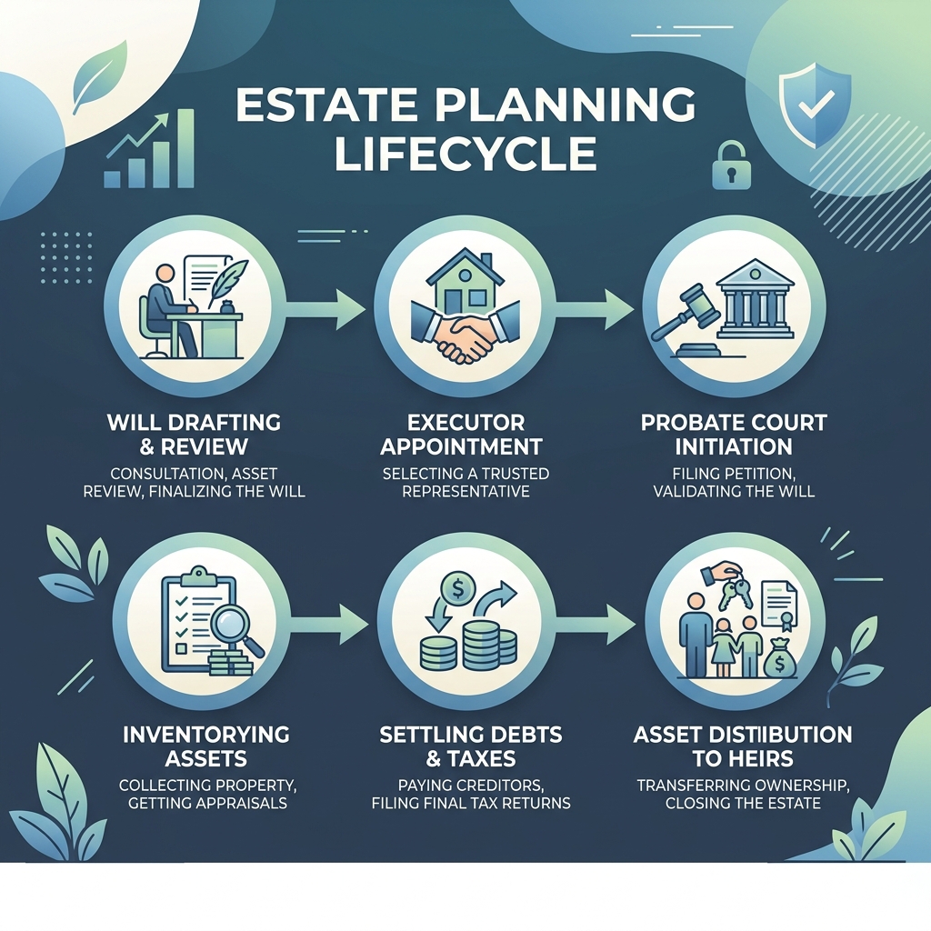 Estate planning lifecycle from will drafting to probate completion and asset distribution - attorney wills and probate