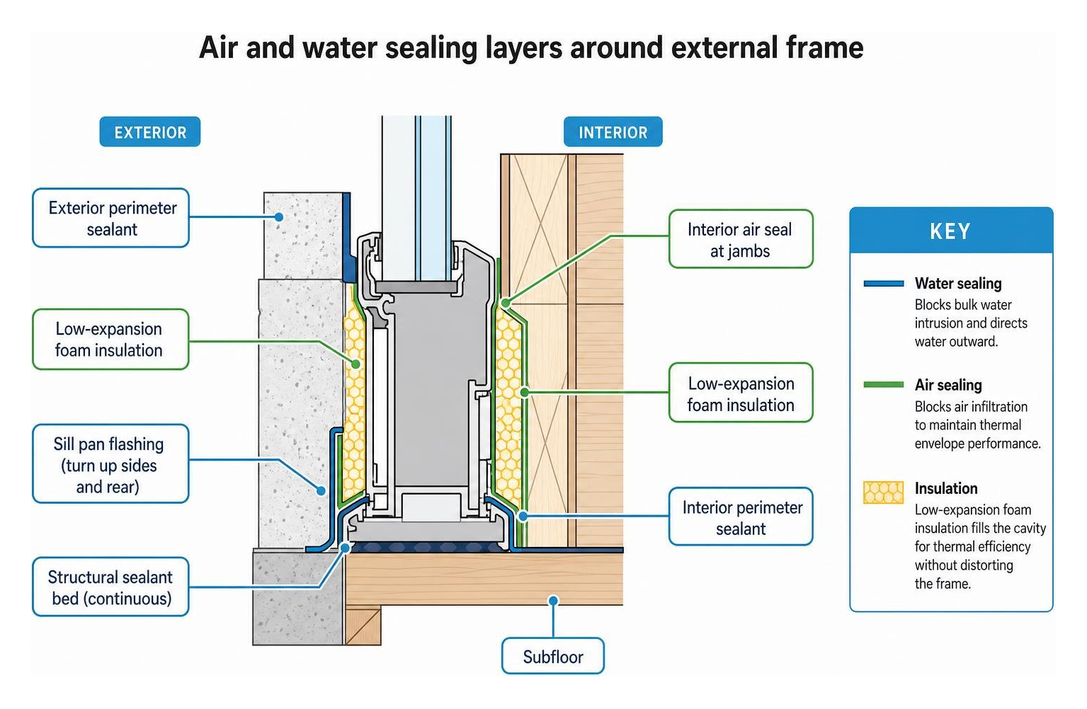 Air and water sealing layers around external frame