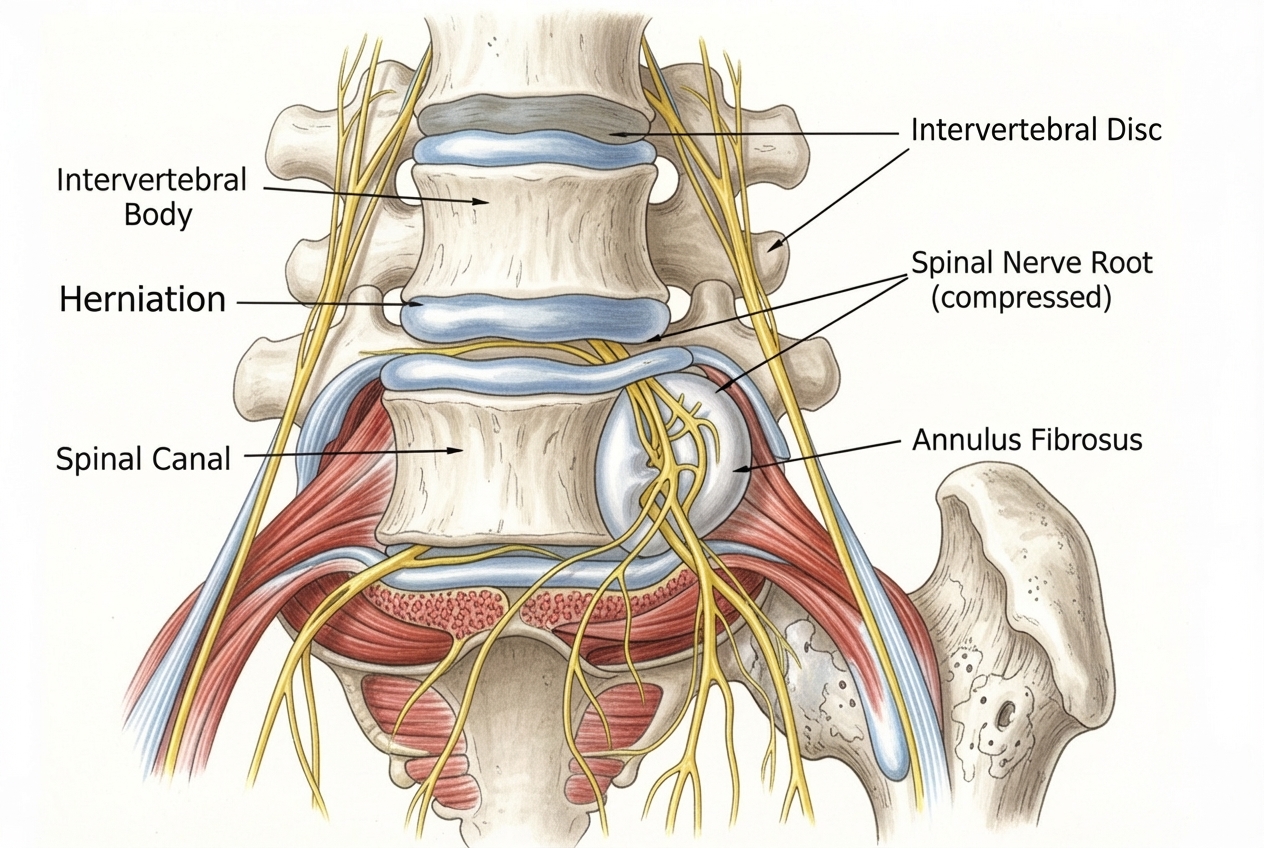illustrating a herniated disc pressing on a nerve - relieve sciatica pain