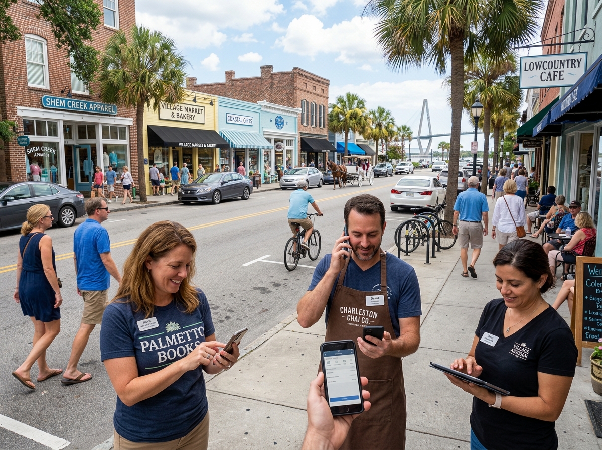 A busy afternoon in the Mount Pleasant business district where local owners use mobile technology to stay connected