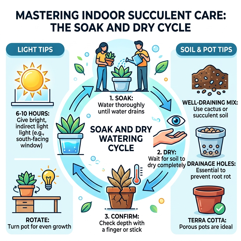 Infographic showing the succulent Soak and Dry watering cycle with light and soil tips - caring for a succulent plant Infographic showing the succulent Soak and Dry watering cycle with light and soil tips - caring for a succulent plant