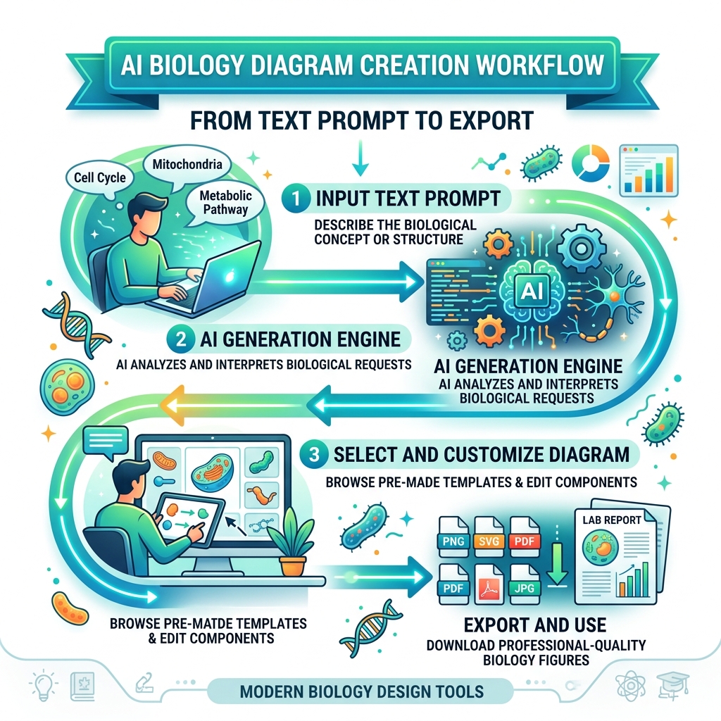 AI biology diagram creation workflow from text prompt to export - ai biology diagram generator college infographic 