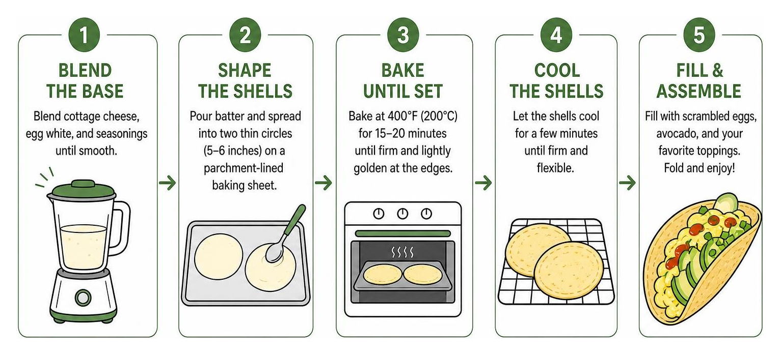 Diagram: 5 steps to make cottage cheese breakfast tacos from blending to assembly Diagram: 5 steps to make cottage cheese breakfast tacos from blending to assembly