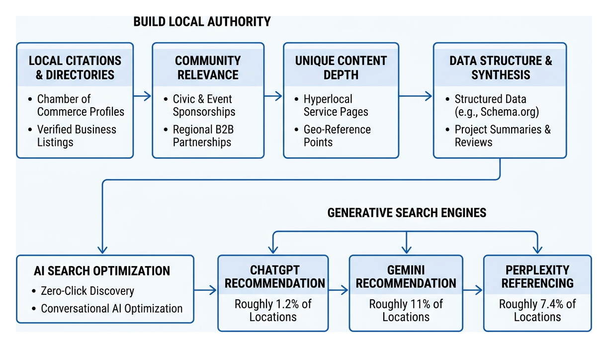 Local authority workflow connecting citations reviews structured data and AI search engines