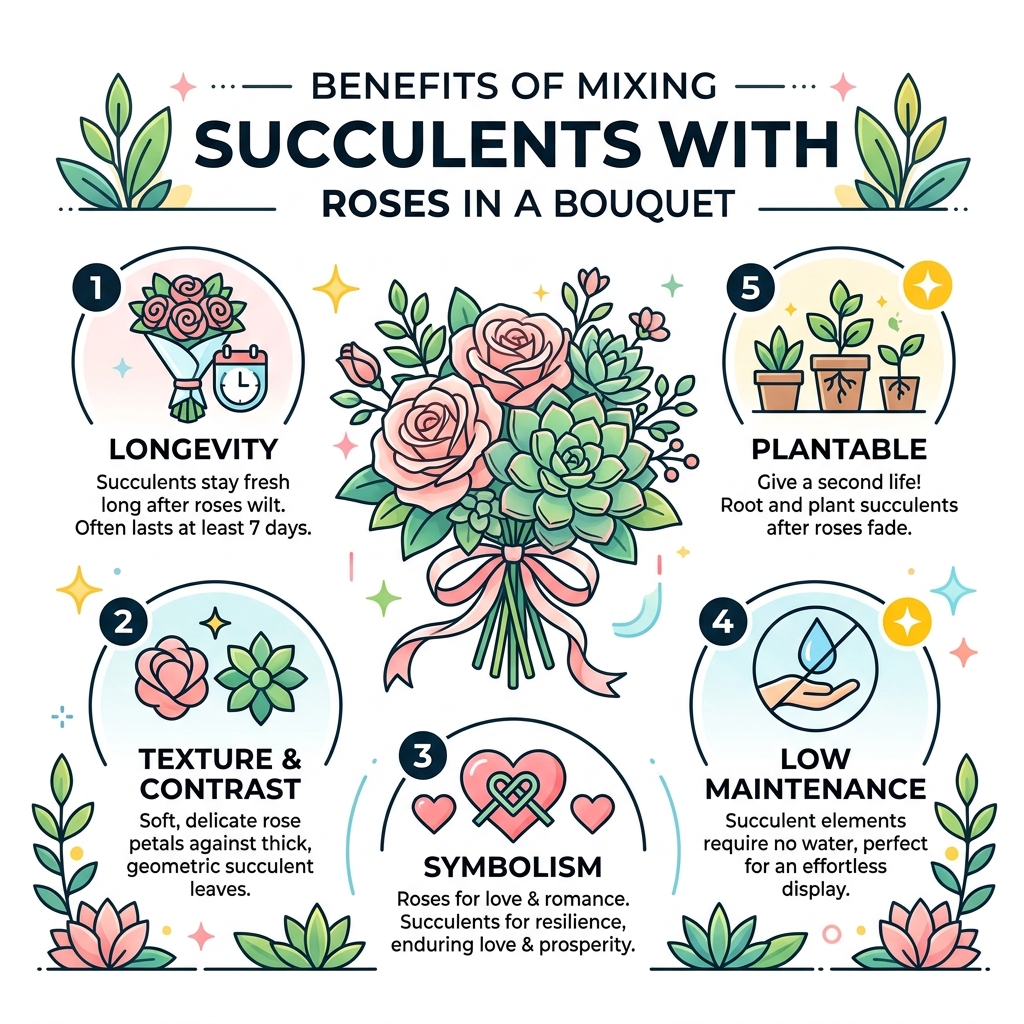 Benefits of mixing succulents with roses in a bouquet infographic - roses and succulents bouquet infographic 