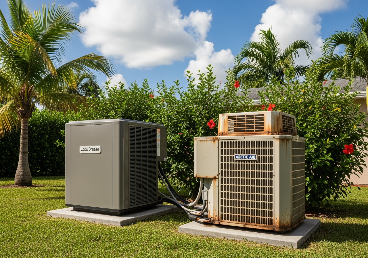 new modern AC unit next to old rusty one - ac repair lakeland fl