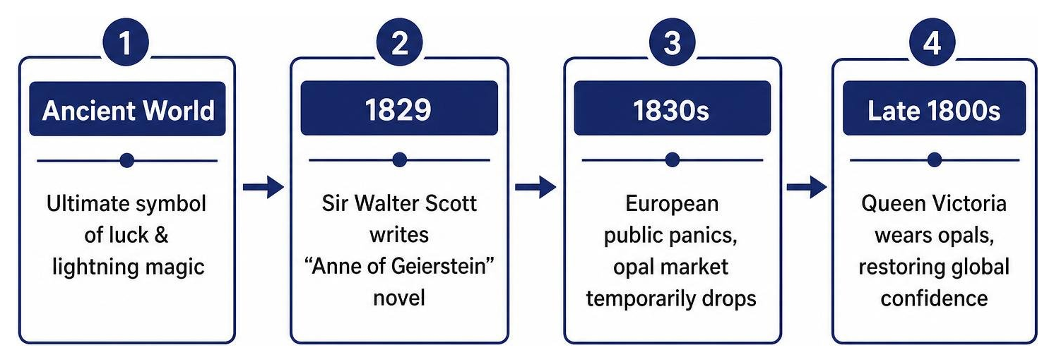 Timeline of opal reputation shifts from lucky to unlucky and back Timeline of opal reputation shifts from lucky to unlucky and back