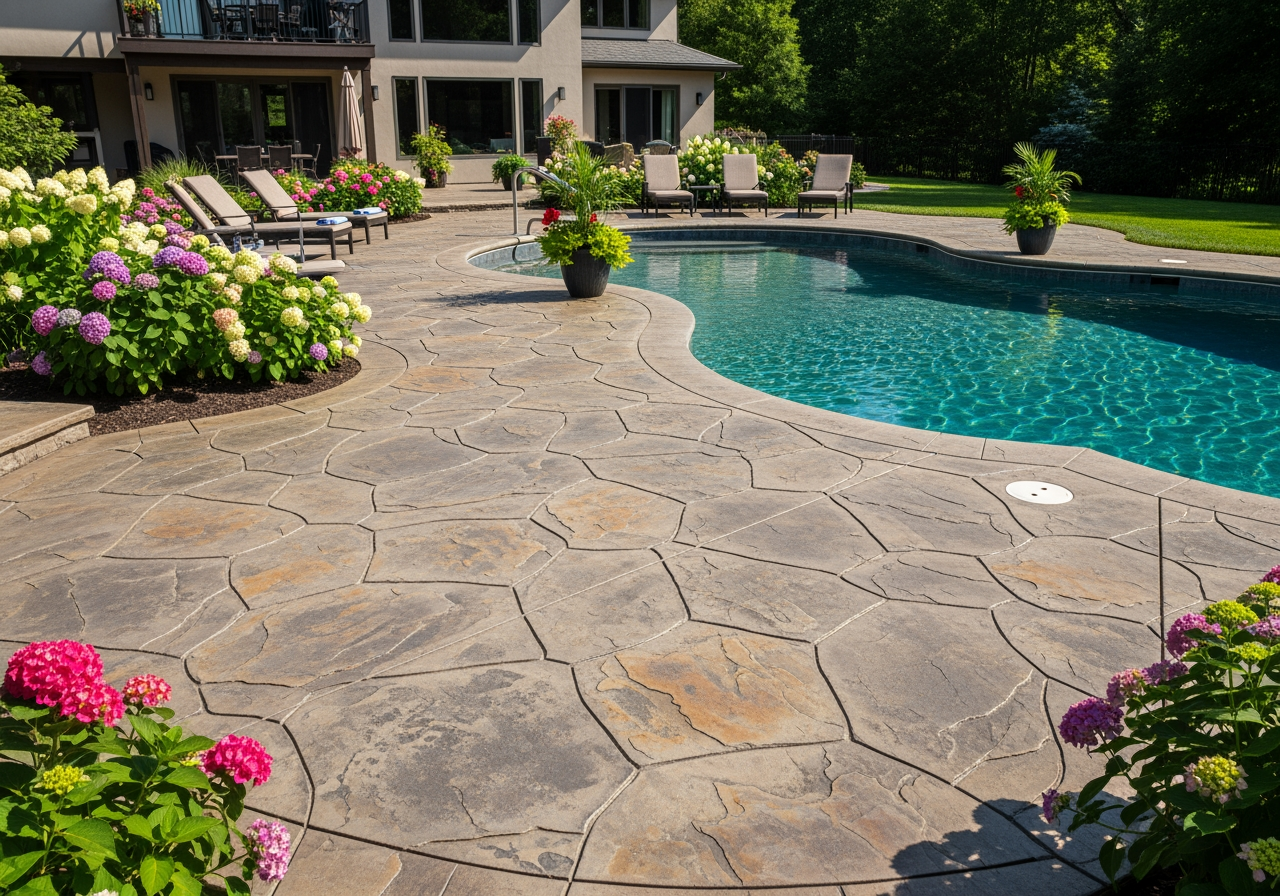 Stamped concrete pool deck mimicking natural stone - Concrete pool deck