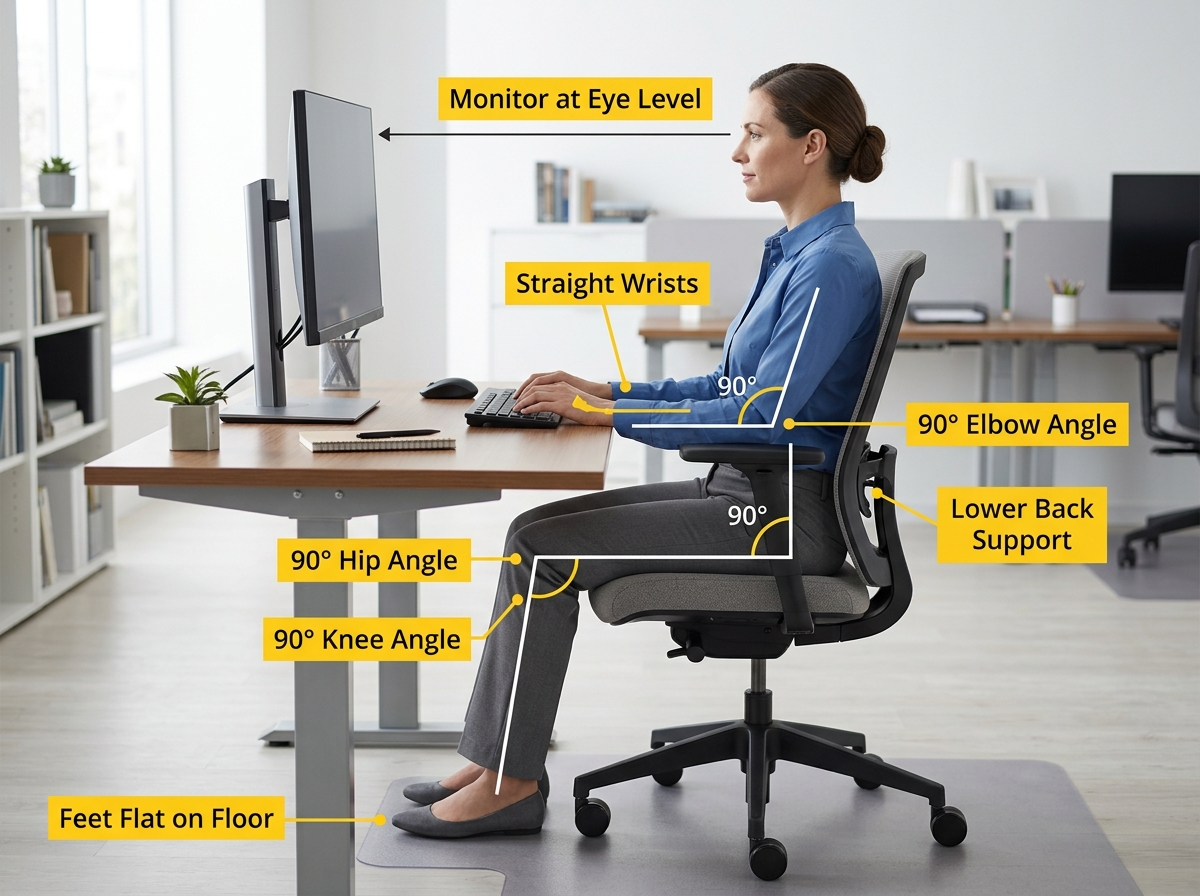 diagram of neutral body posture at a desk with 90 degree angles - how can employees prevent repetitive strain injuries