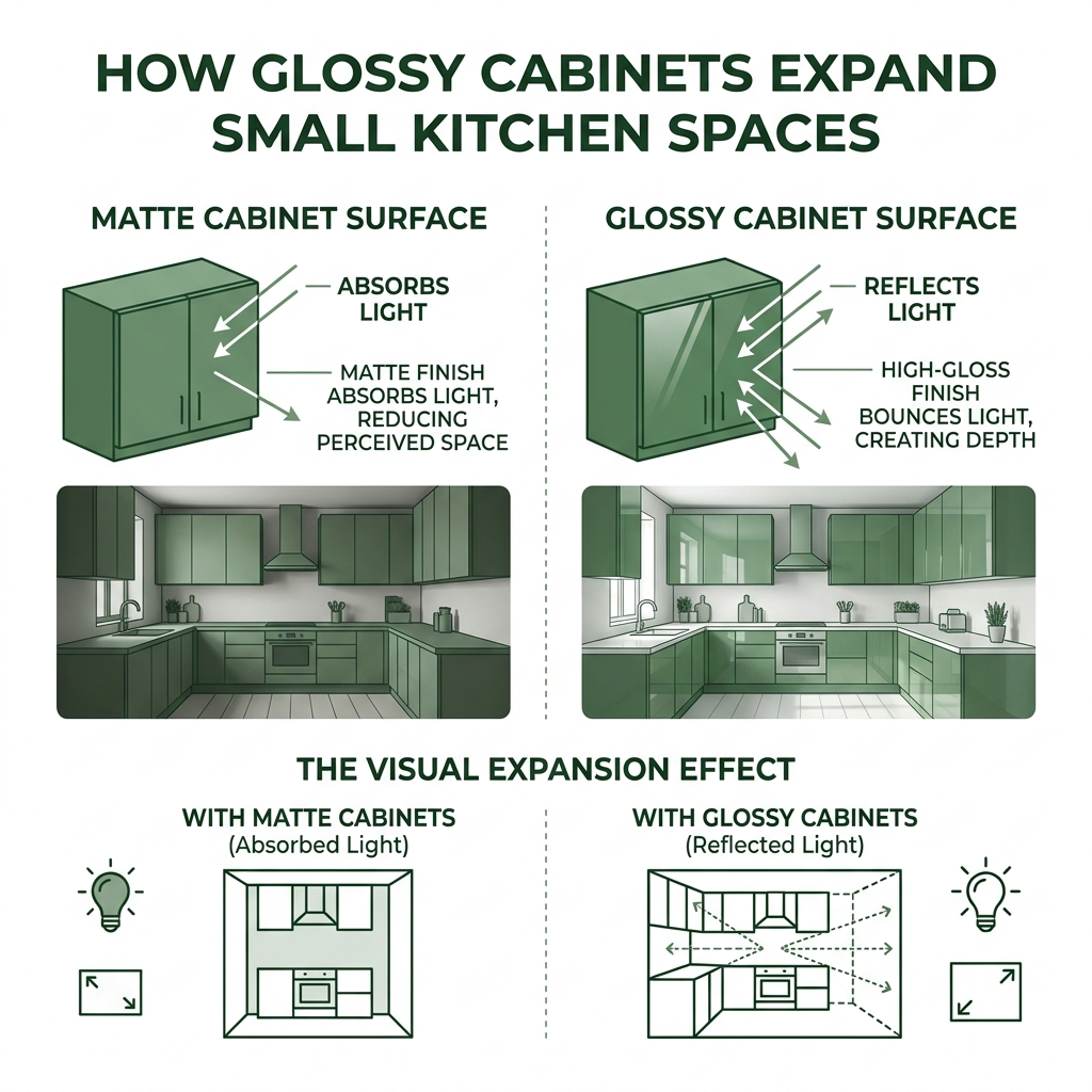 Infographic showing how glossy cabinet surfaces reflect light to visually expand small kitchen spaces - glossy cabinets